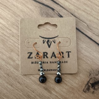 Kolczyki miedziane Piryt i Obsydian