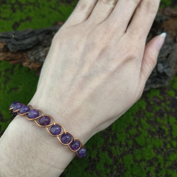 Bransoleta miedziana pleciona Ametyst