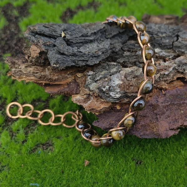 Bransoleta miedziana pleciona Tygrysie oko